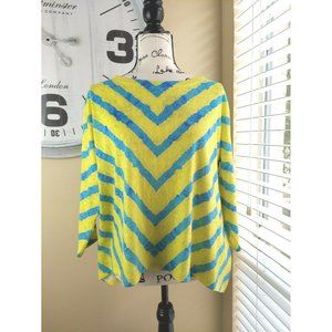 Nally & Millie Women One Sz Hi-low Striped Yellow/Blue  3/4 Sleeve Wrinkle Free